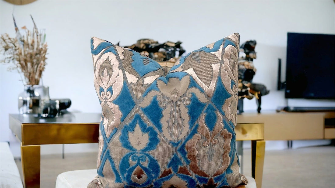 Stunning floral patterned blue decorative velvet pillow cover