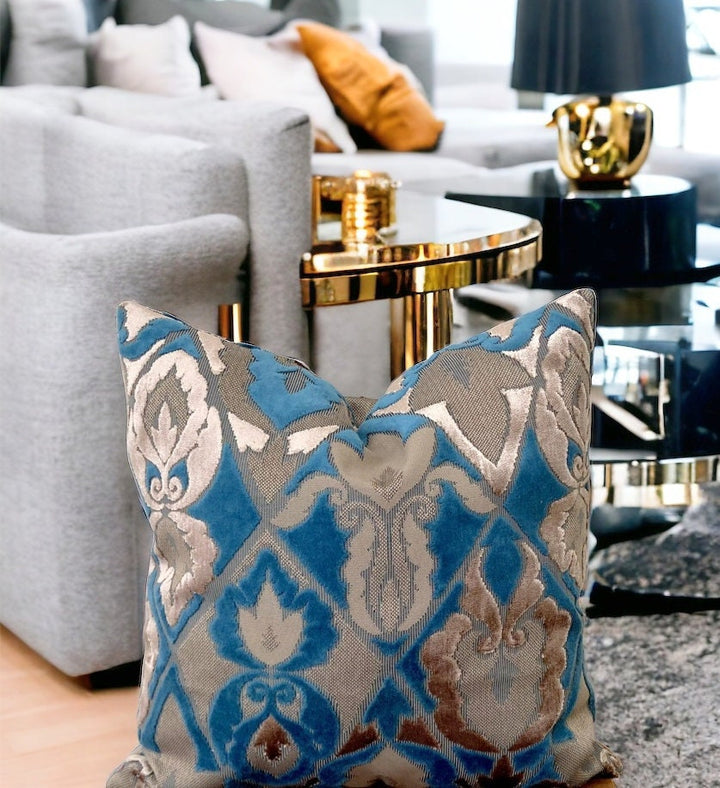 Stunning floral patterned blue decorative velvet pillow cover