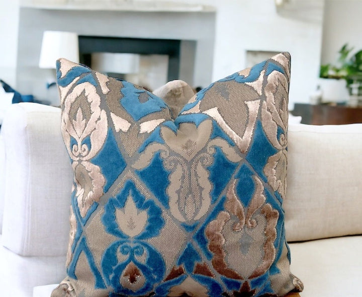 Stunning floral patterned blue decorative velvet pillow cover