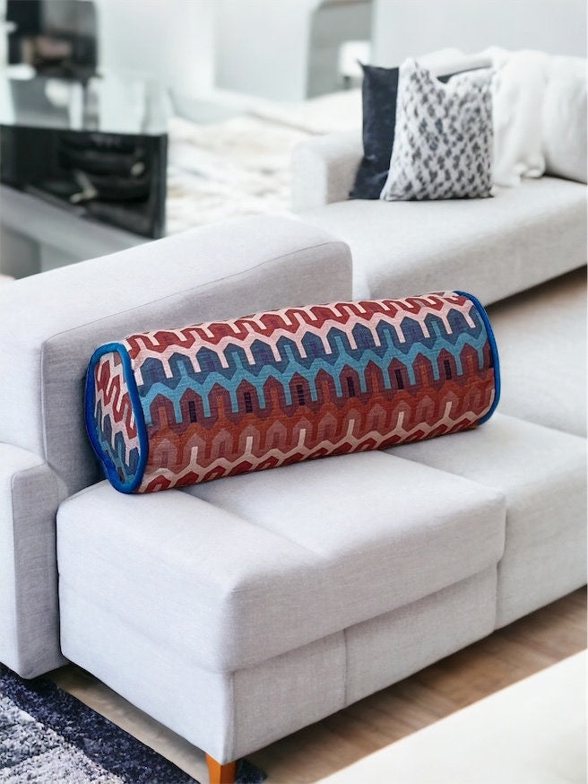 Luxurious Geometric Pattern Velvet Decorative Bolster Pillow Cover-Piping bolster