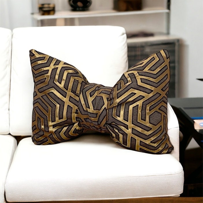 Velvet Decorative Bow Pillow with Gold and Black Geometric Pattern - 12x18"