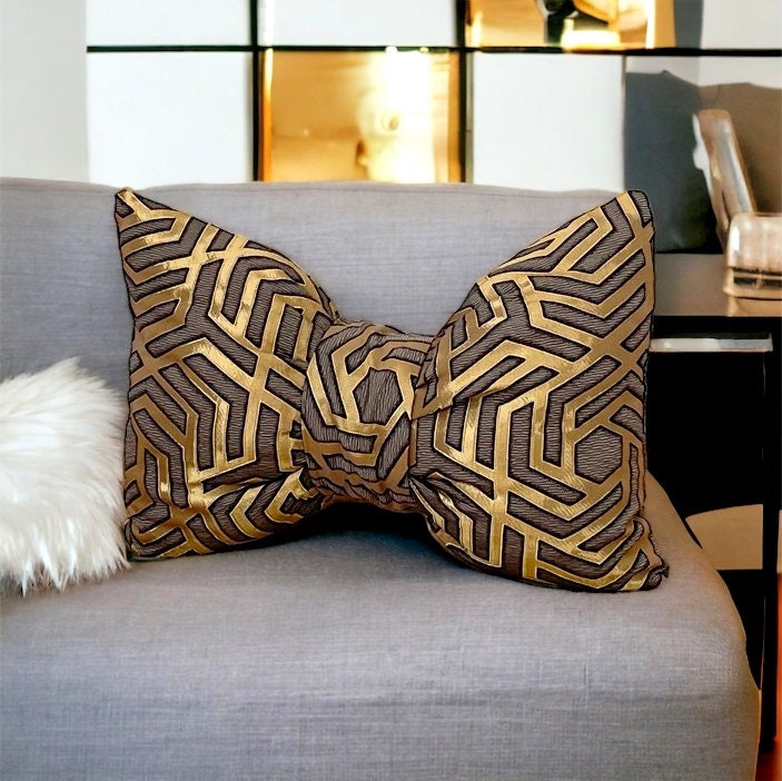 Velvet Decorative Bow Pillow with Gold and Black Geometric Pattern - 12x18"