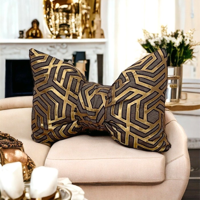 Velvet Decorative Bow Pillow with Gold and Black Geometric Pattern - 12x18"