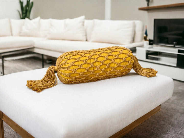 Mustard Handmade Macrame Boho Bolster Pillow