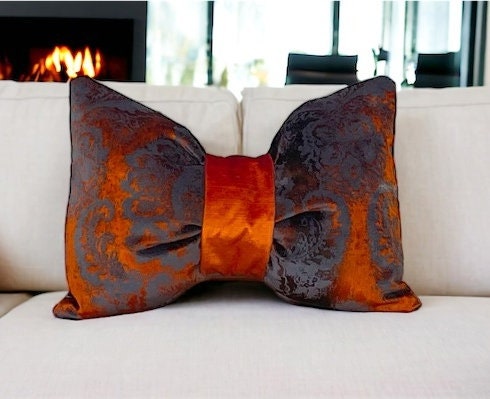 Unique Rust Floral Velvet Decorative Bow Pillow - 12x18"