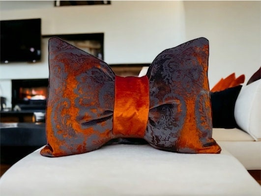 Unique Rust Floral Velvet Decorative Bow Pillow - 12x18"