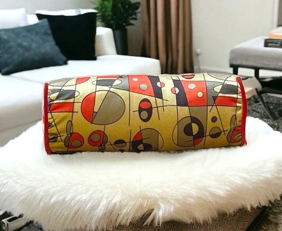 Vibrant orange and yellow geometric pattern velvet bolster pillow cover