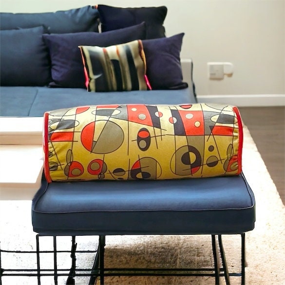 Vibrant orange and yellow geometric pattern velvet bolster pillow cover