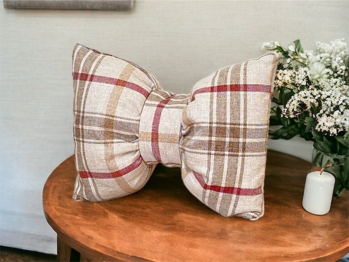 Bow Linen Brown Red Plaid Pillow 12 x18"