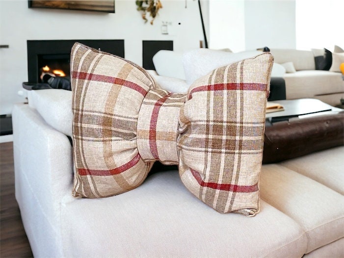 Bow Linen Brown Red Plaid Pillow 12 x18"