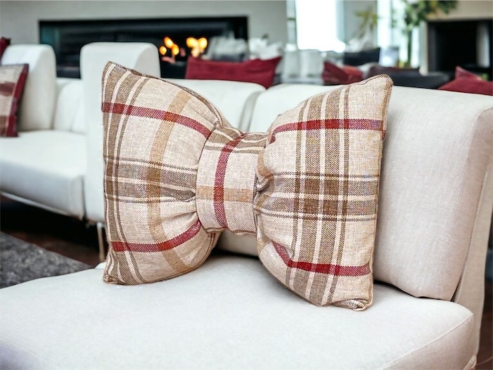 Bow Linen Brown Red Plaid Pillow 12 x18"