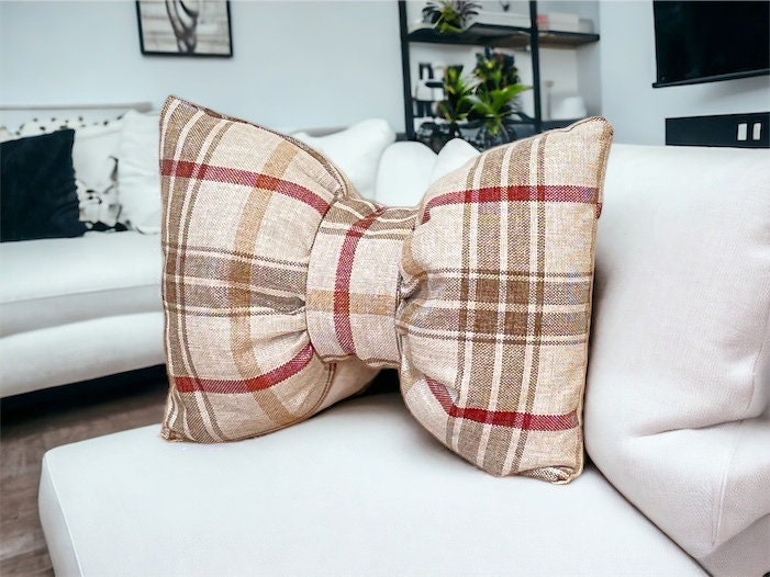 Bow Linen Brown Red Plaid Pillow 12 x18"