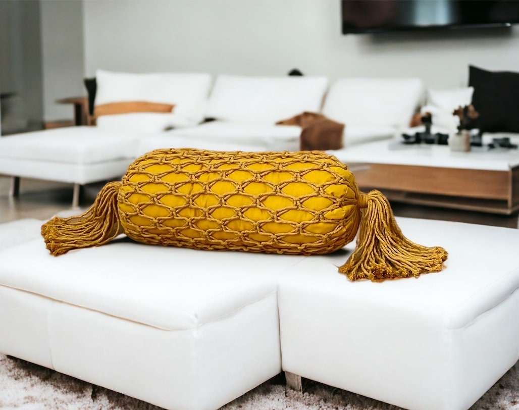 Mustard Handmade Macrame Boho Bolster Pillow