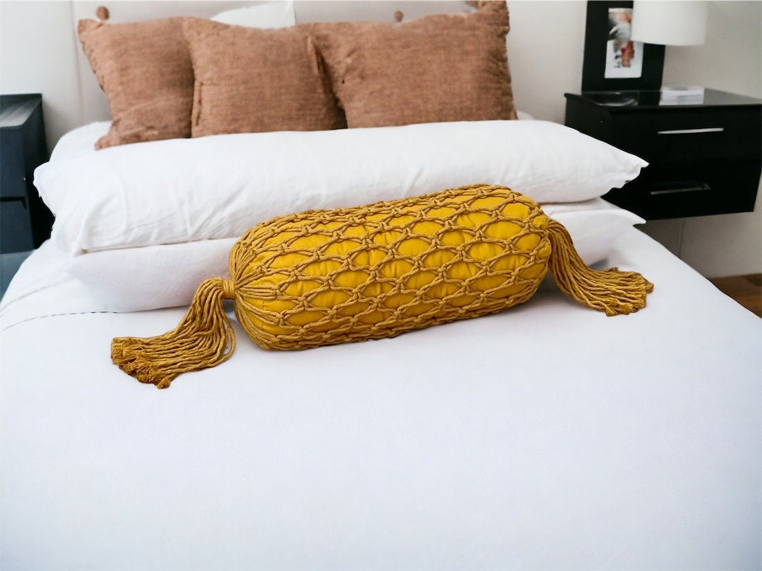 Mustard Handmade Macrame Boho Bolster Pillow