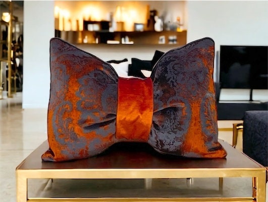 Unique Rust Floral Velvet Decorative Bow Pillow - 12x18"