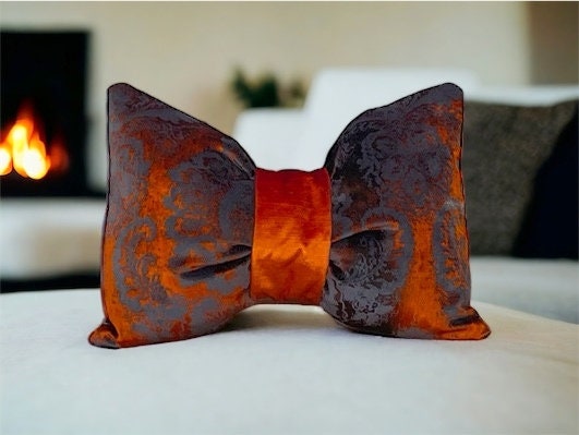 Unique Rust Floral Velvet Decorative Bow Pillow - 12x18"