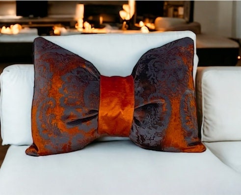 Unique Rust Floral Velvet Decorative Bow Pillow - 12x18"