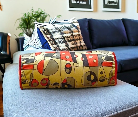 Vibrant orange and yellow geometric pattern velvet bolster pillow cover