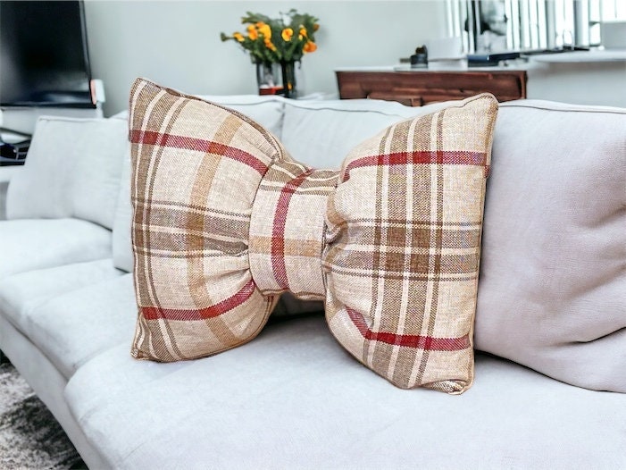 Bow Linen Brown Red Plaid Pillow 12 x18"