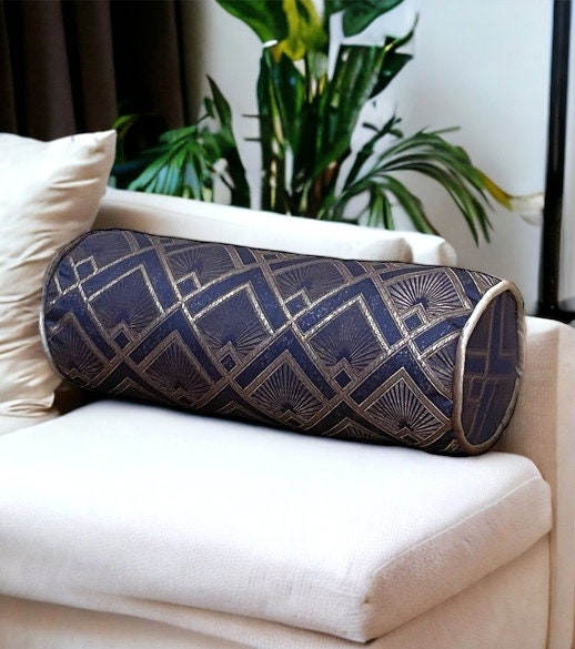 Navy Blue Geometric Design Bolster Pillow Cover