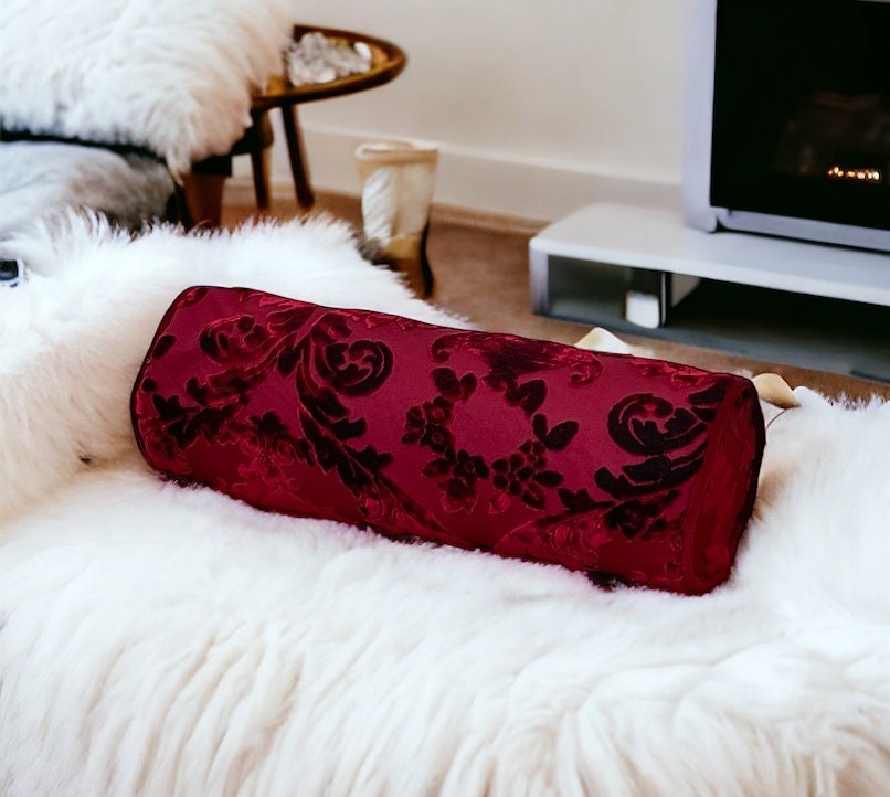 Unique Burgundy Floral Velvet Bolster Pillow Case-Birthday gift-Piping bolster