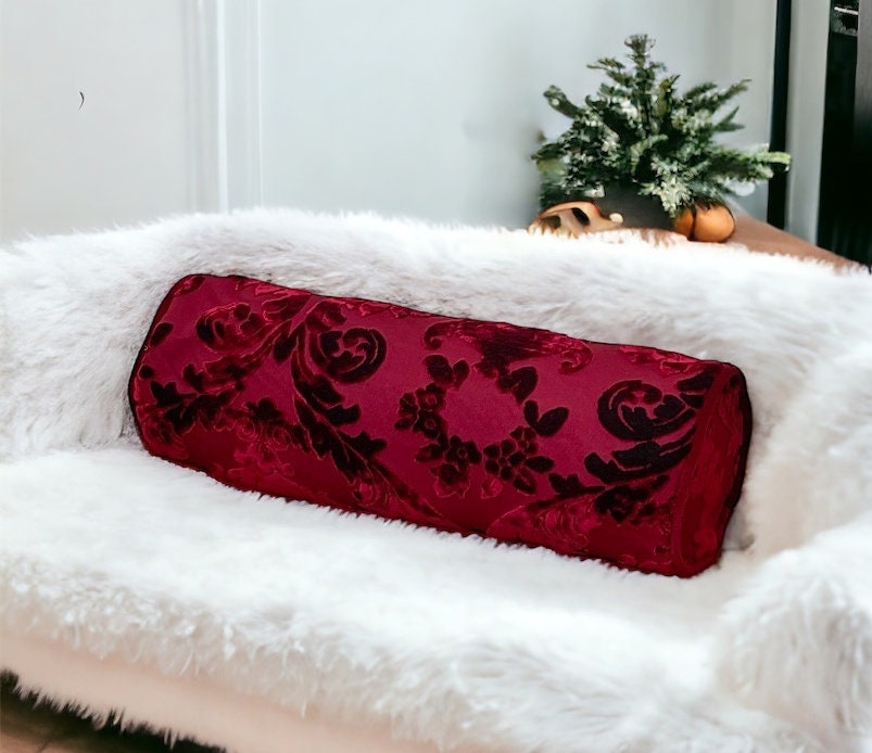 Unique Burgundy Floral Velvet Bolster Pillow Case-Birthday gift-Piping bolster