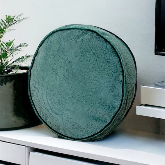 Green Piping Velvet Round Pillow