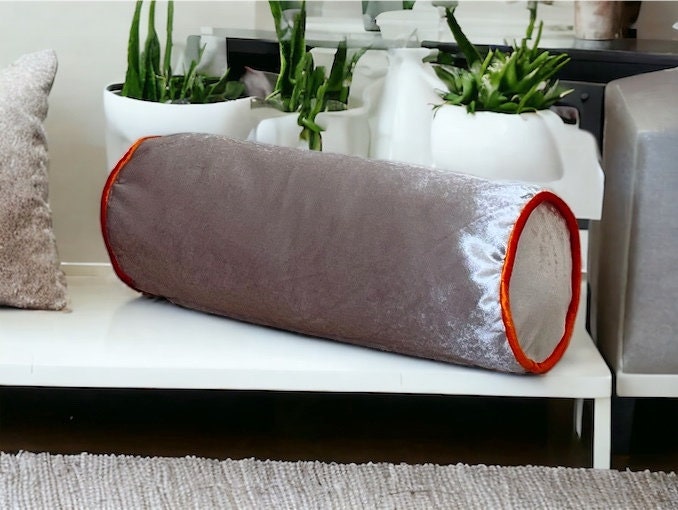 Silver Burnt Orange Piping Velvet Decorative Bolster Pillow Cover-Birthday gift-25 different colors option