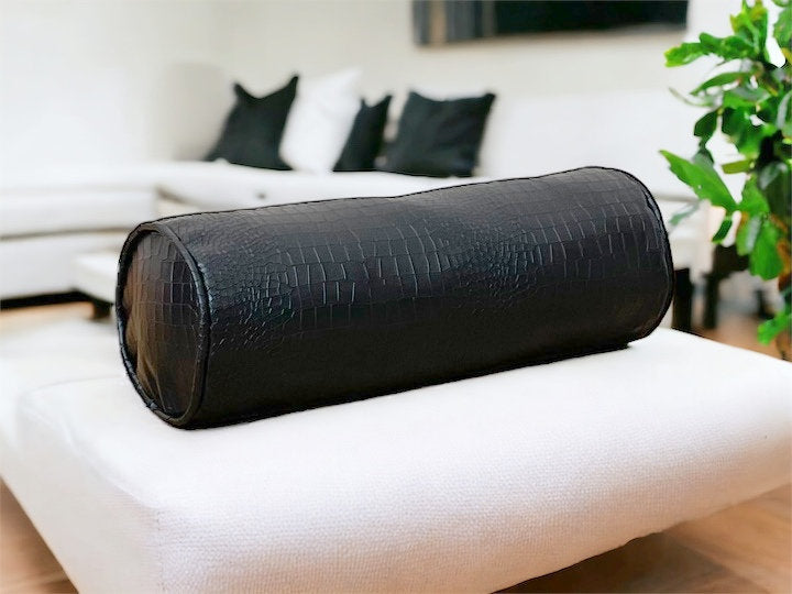 Black Faux Leather Bolster Pillow Cover