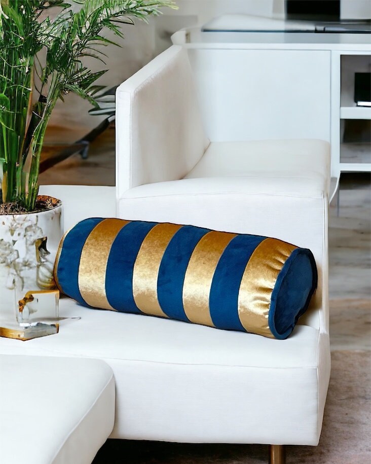 Navy Gold Velvet Bolster Pillow Cover