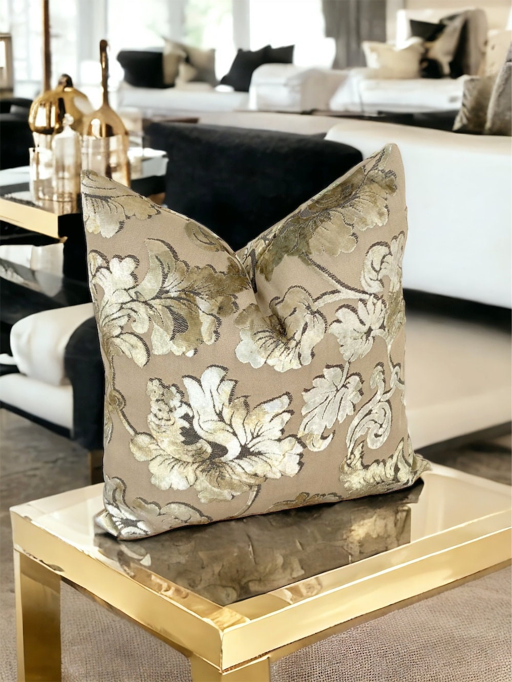 Luxurious Olive Green Floral Velvet Cushion case