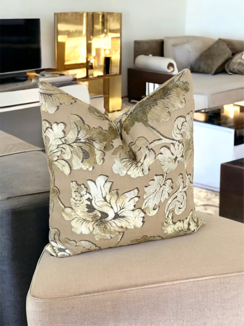 Luxurious Olive Green Floral Velvet Cushion case