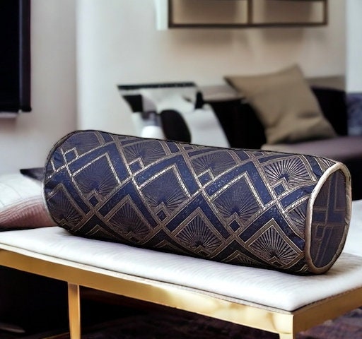 Navy Blue Geometric Design Bolster Pillow Cover