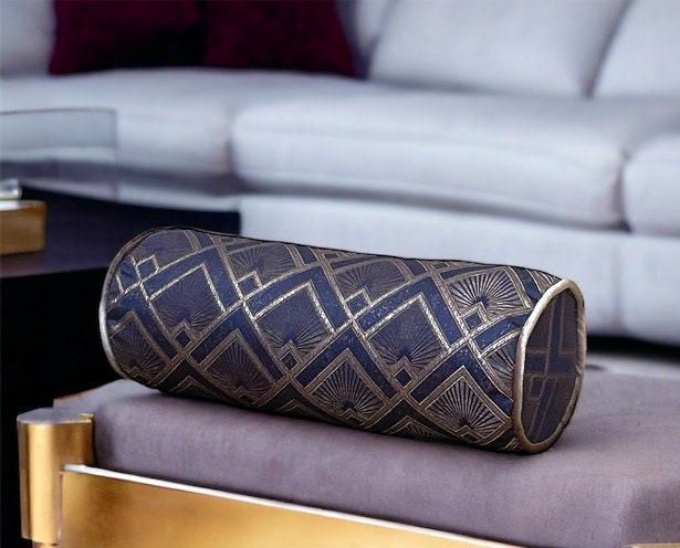 Navy Blue Geometric Design Bolster Pillow Cover