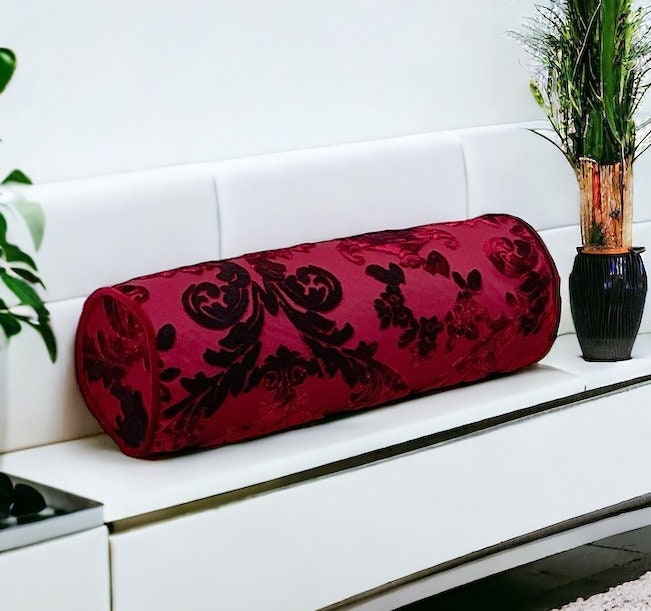 Unique Burgundy Floral Velvet Bolster Pillow Case-Birthday gift-Piping bolster