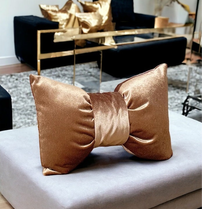 Camel Gold Detailed Velvet Bow Pillow - 12x18"