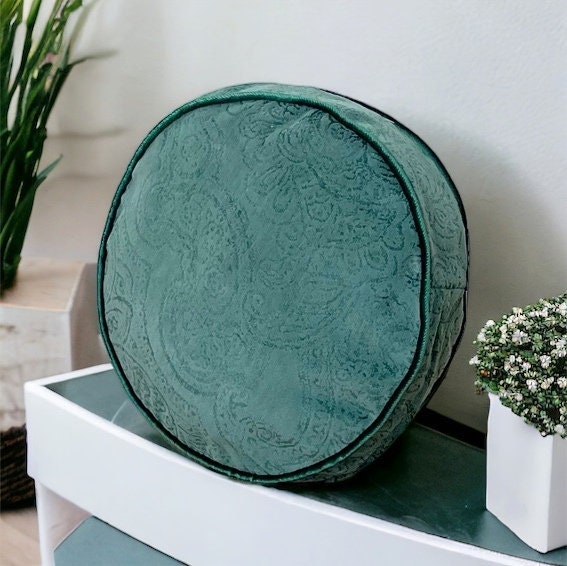 Green Piping Velvet Round Pillow