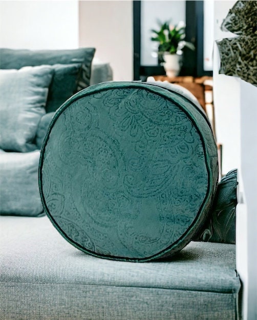 Green Piping Velvet Round Pillow