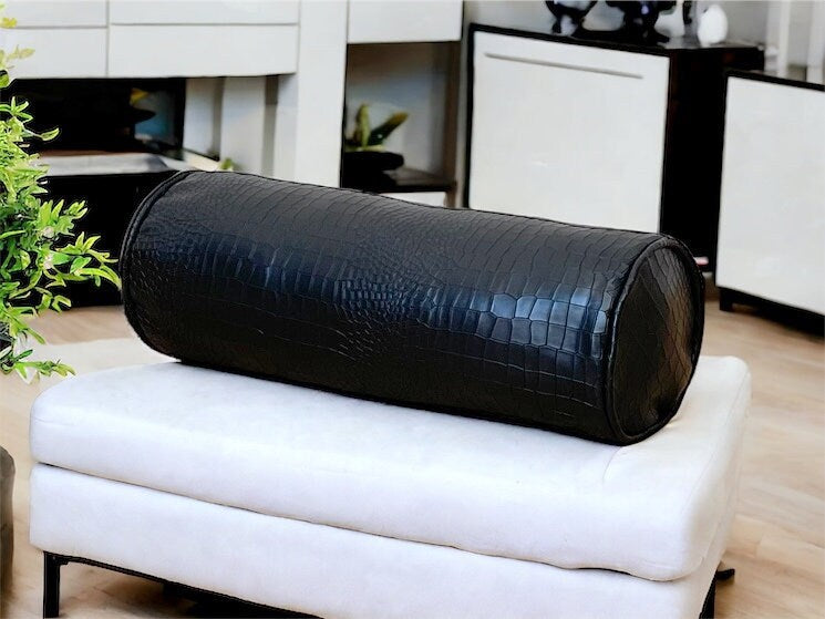 Black Faux Leather Bolster Pillow Cover