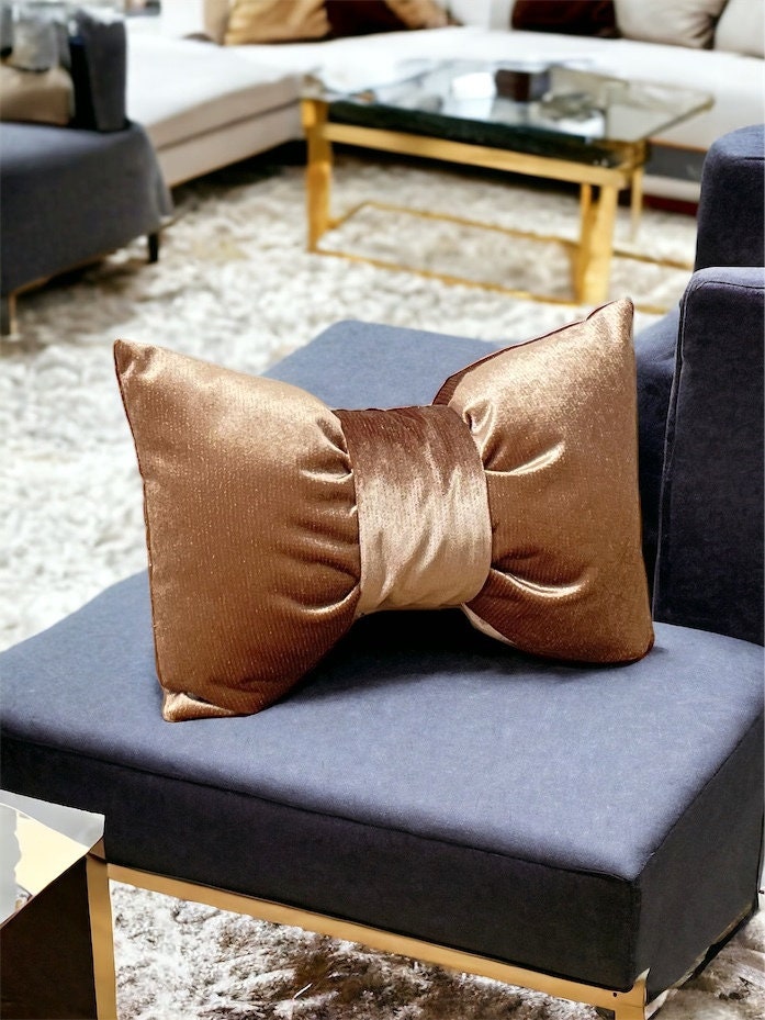 Camel Gold Detailed Velvet Bow Pillow - 12x18"