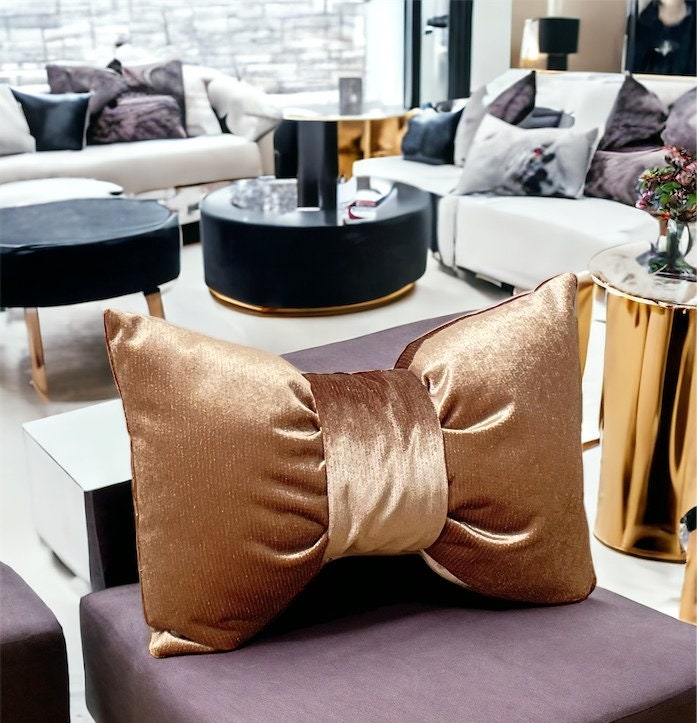 Camel Gold Detailed Velvet Bow Pillow - 12x18"