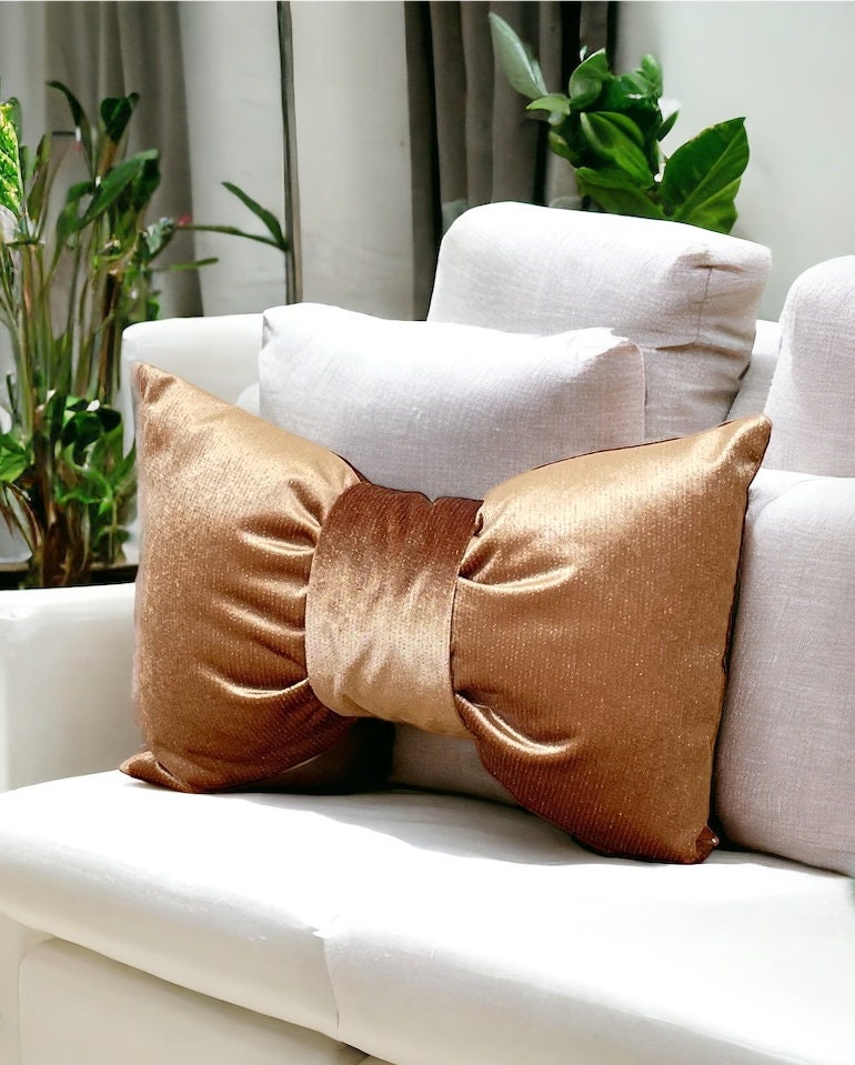 Camel Gold Detailed Velvet Bow Pillow - 12x18"