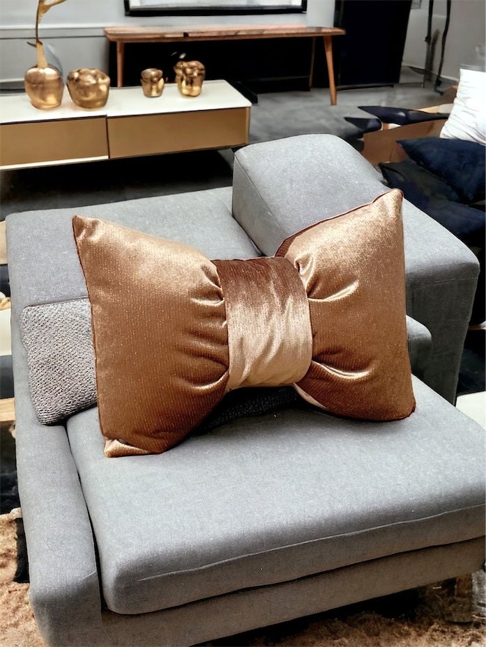 Camel Gold Detailed Velvet Bow Pillow - 12x18"