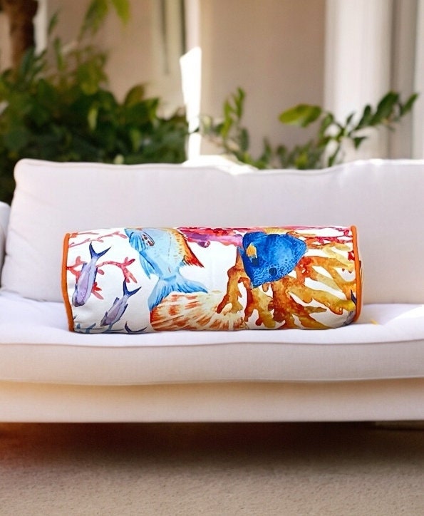 Orange sea patterned piping decorative outdoor bolster cover