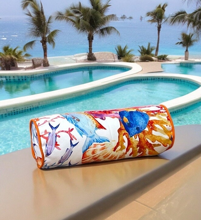 Orange sea patterned piping decorative outdoor bolster cover