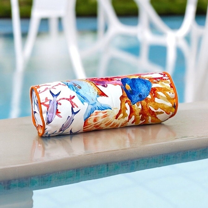 Orange sea patterned piping decorative outdoor bolster cover