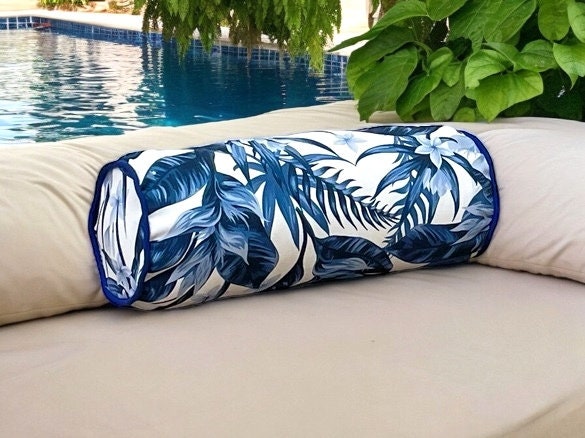 Navy Blue Floral Decorative Garden Outdoor Piping Bolser Pillow Cover