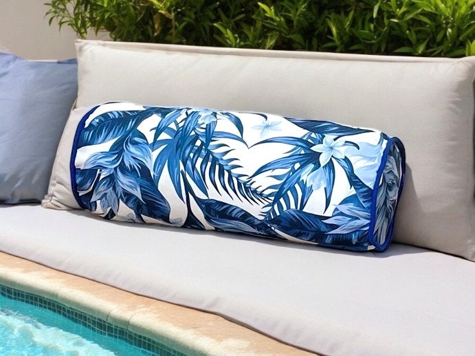 Navy Blue Floral Decorative Garden Outdoor Piping Bolser Pillow Cover