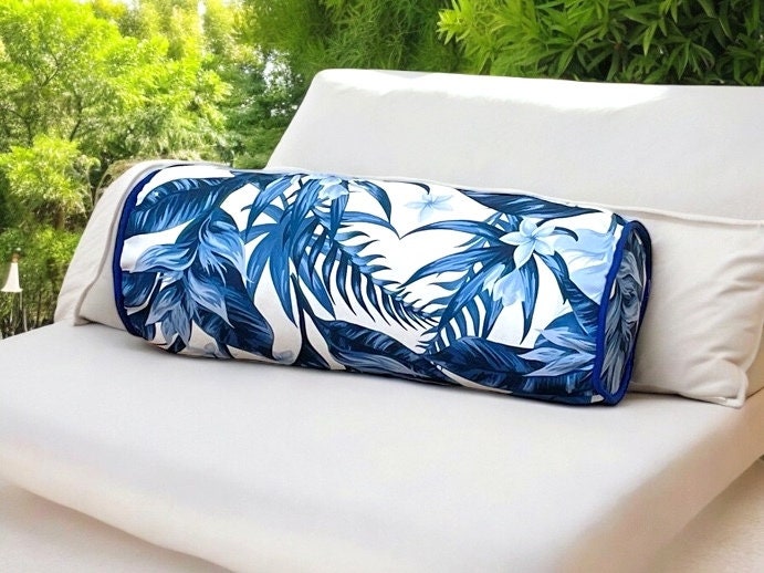 Navy Blue Floral Decorative Garden Outdoor Piping Bolser Pillow Cover