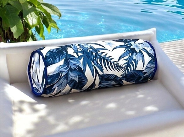 Navy Blue Floral Decorative Garden Outdoor Piping Bolser Pillow Cover